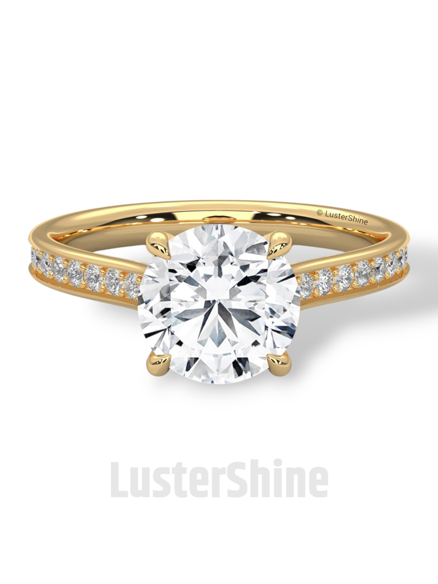 Round Diamond Engagement Ring – 2CT Six Prong Solitaire – Pave Gold Band – Lab or Moissanite – 14K 18K Yellow Gold – Dainty Bridal Ring Gift