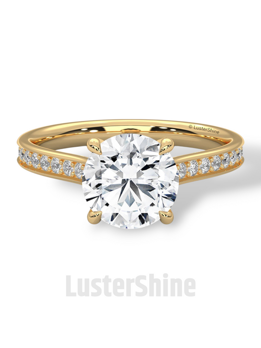 Round Diamond Engagement Ring – 2CT Six Prong Solitaire – Pave Gold Band – Lab or Moissanite – 14K 18K Yellow Gold – Dainty Bridal Ring Gift