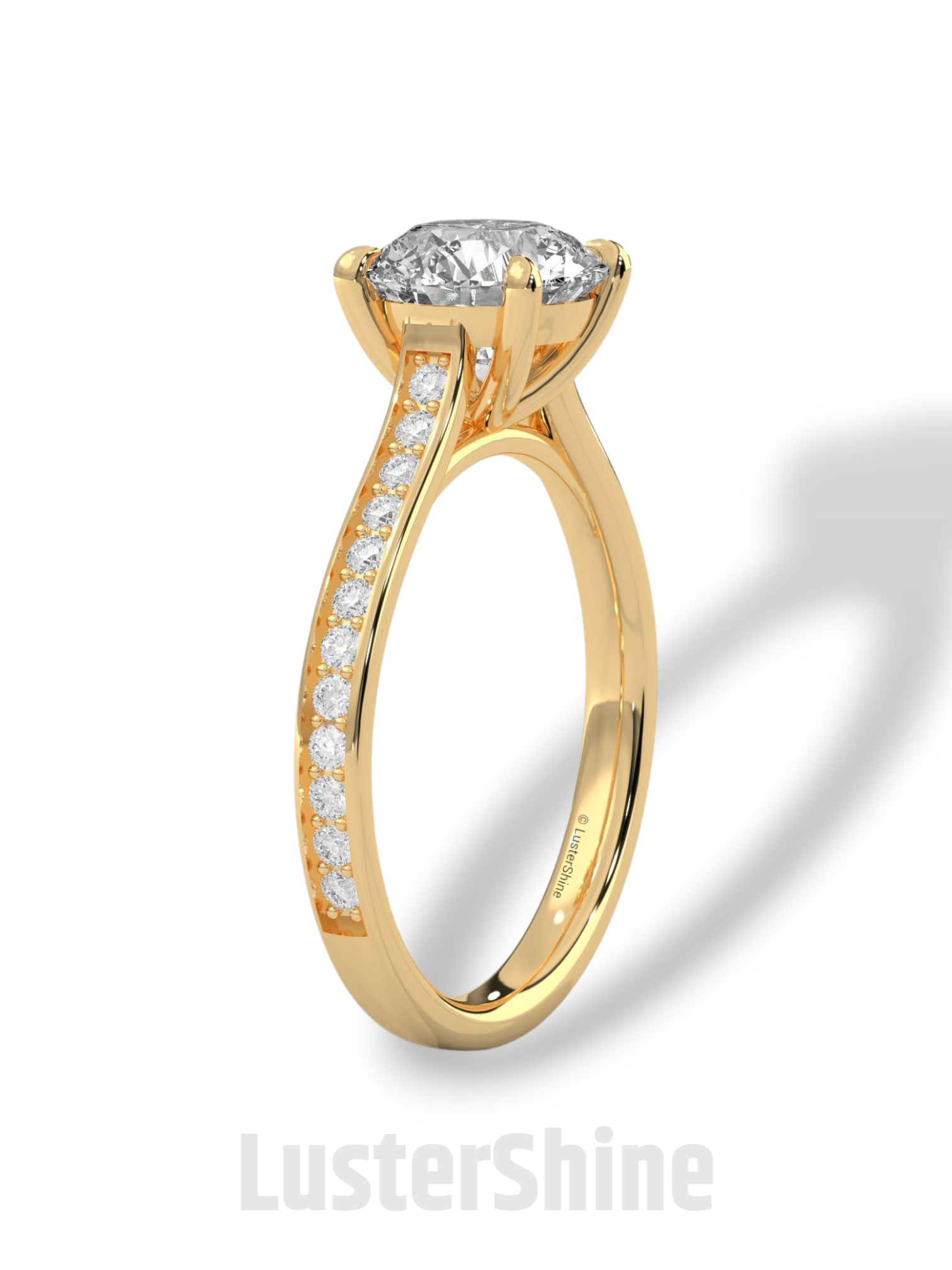 Round Diamond Engagement Ring – 2CT Six Prong Solitaire – Pave Gold Band – Lab or Moissanite – 14K 18K Yellow Gold – Dainty Bridal Ring Gift