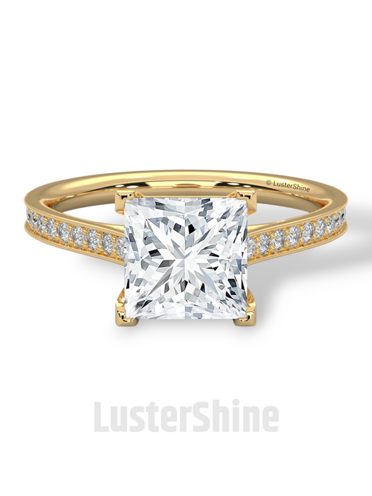Princess Cut Diamond Engagement Ring – 2 Carat Solitaire Ring – Yellow Gold Wedding Ring – 4 Prong Setting – Handmade Fine Ring Gift for her