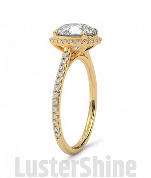 Gold Halo Moissanite Engagement Ring – Round Diamond Pave Band – Custom Bridal Proposal Ring – Anniversary Gift Diamond Band in 14K/18K Gold