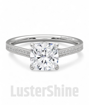 Solitaire Cushion Cut Engagement Ring – Dainty Pave Band – 14K 18K White Gold Wedding Ring – Minimalist Solitaire Ring – LusterShine Gift