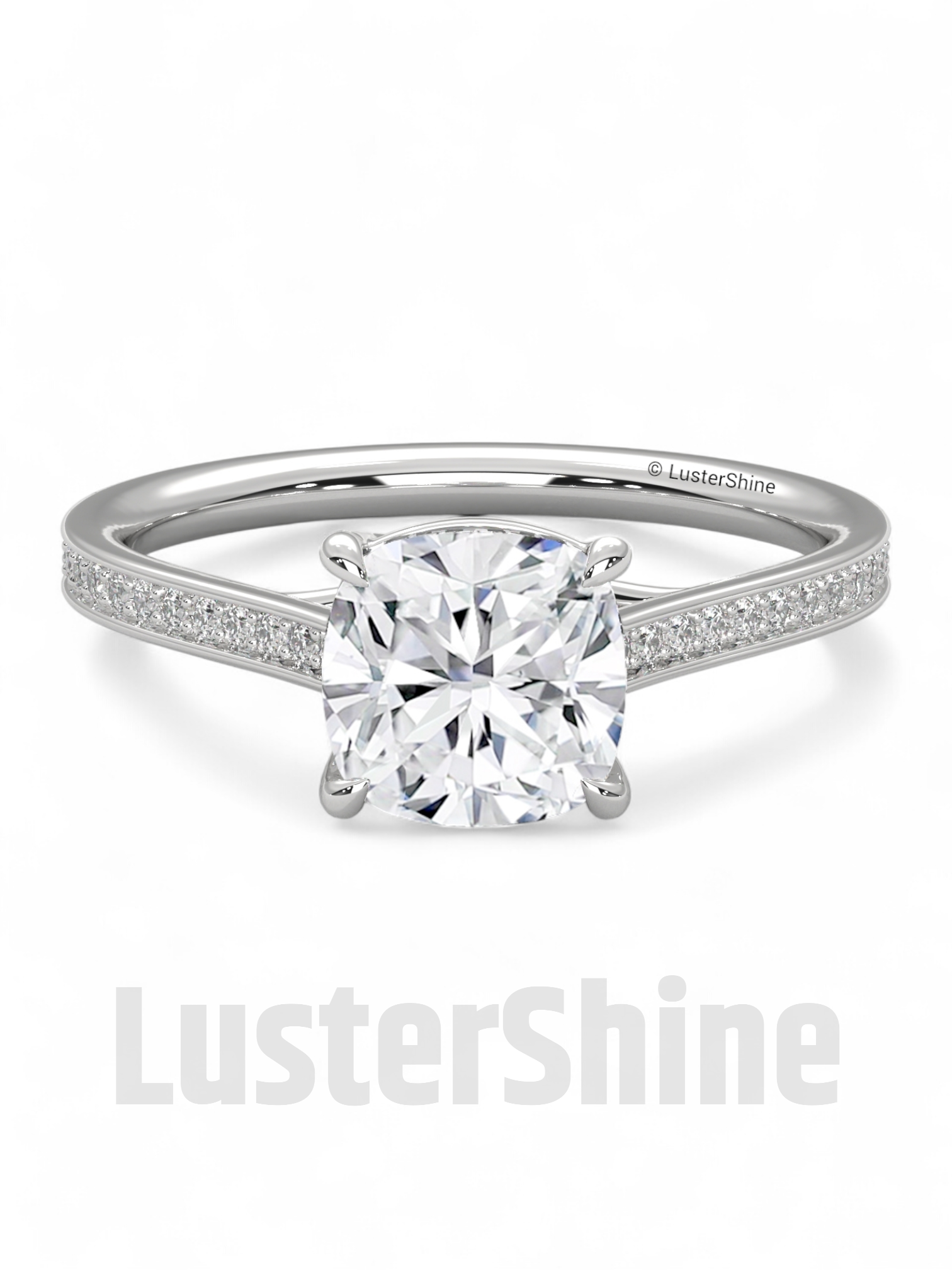 Solitaire Cushion Cut Engagement Ring – Dainty Pave Band – 14K 18K White Gold Wedding Ring – Minimalist Solitaire Ring – LusterShine Gift