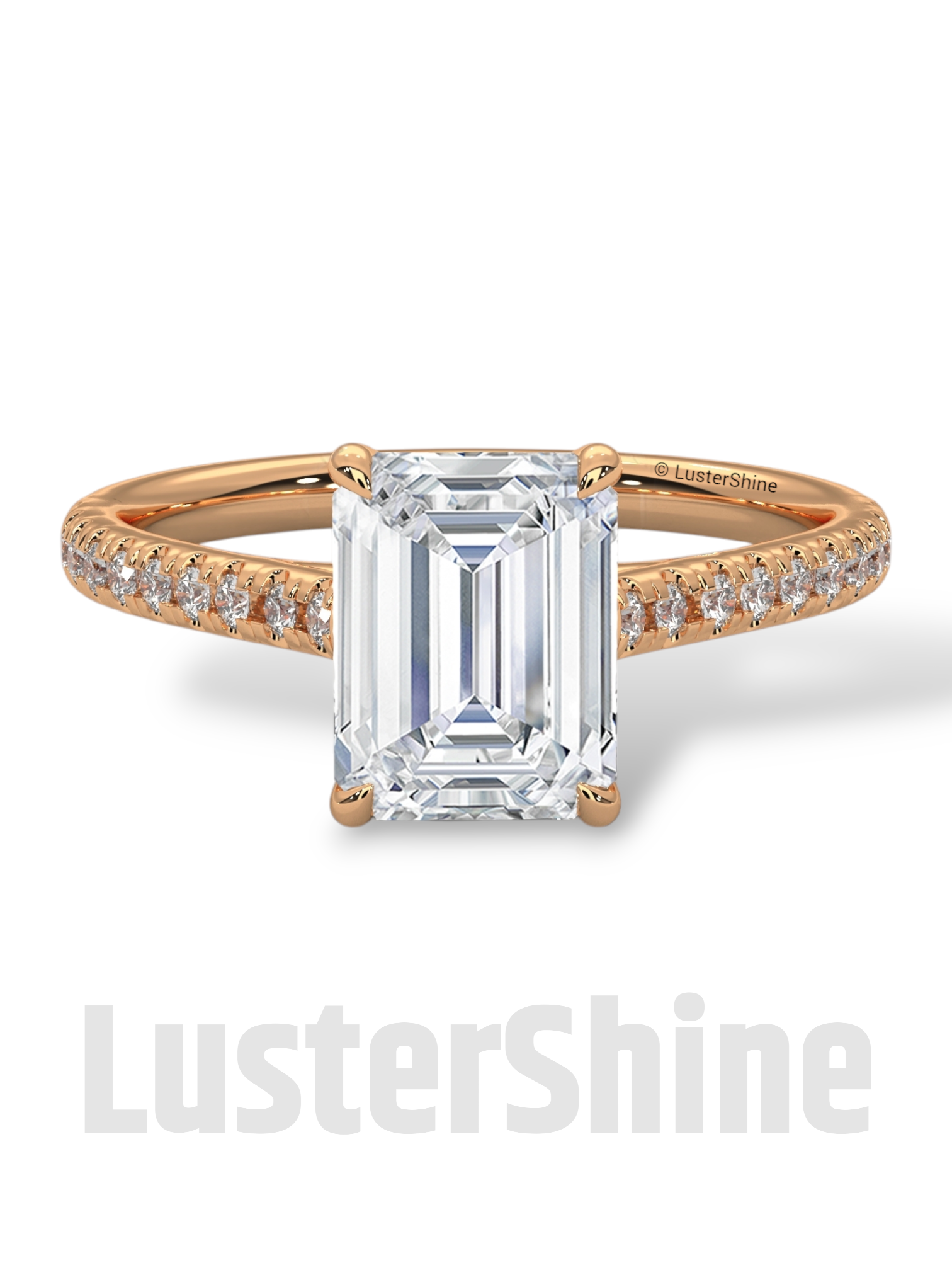 2 Carat Emerald Cut Solitaire Engagement Ring with Diamond Band – 2 Carat Moissanite Diamond Ring – Emerald-Cut Hidden Halo Ring – 14K Ring
