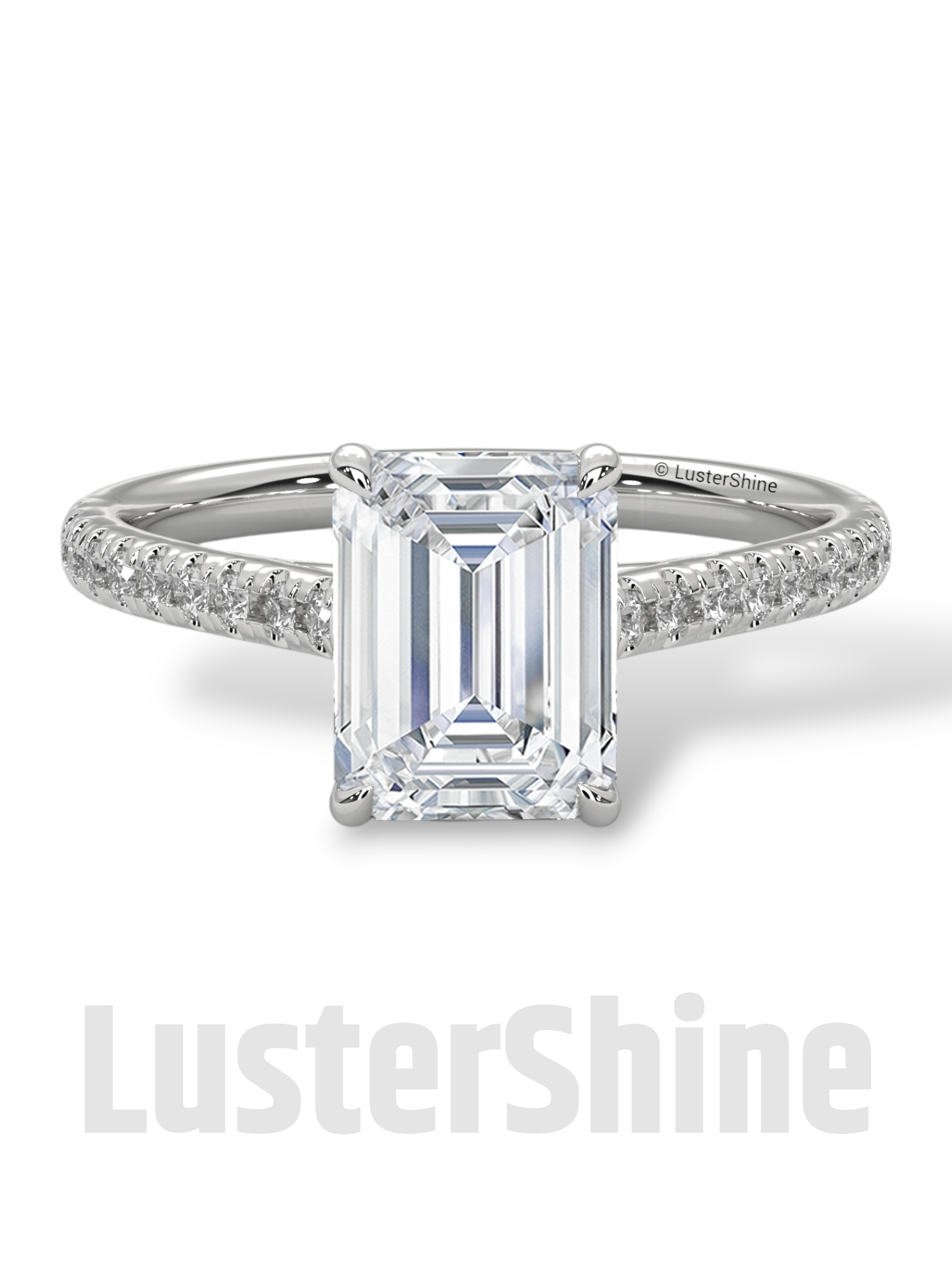 2 Carat Emerald Cut Solitaire Engagement Ring with Diamond Band – 2 Carat Moissanite Diamond Ring – Emerald-Cut Hidden Halo Ring – 14K Ring
