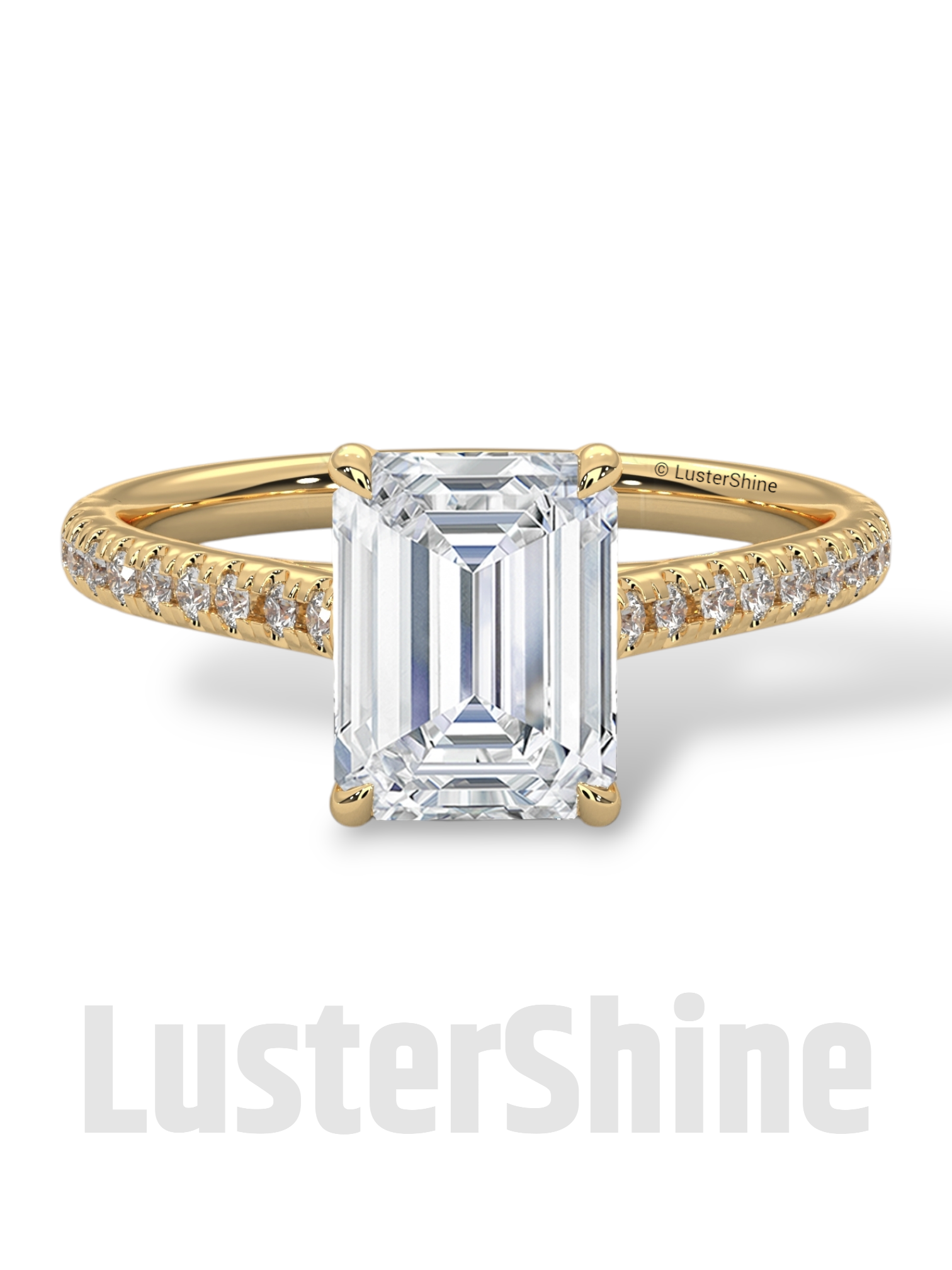 2 Carat Emerald Cut Solitaire Engagement Ring with Diamond Band – 2 Carat Moissanite Diamond Ring – Emerald-Cut Hidden Halo Ring – 14K Ring