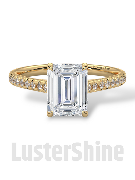 2 Carat Emerald Cut Solitaire Engagement Ring with Diamond Band – 2 Carat Moissanite Diamond Ring – Emerald-Cut Hidden Halo Ring – 14K Ring