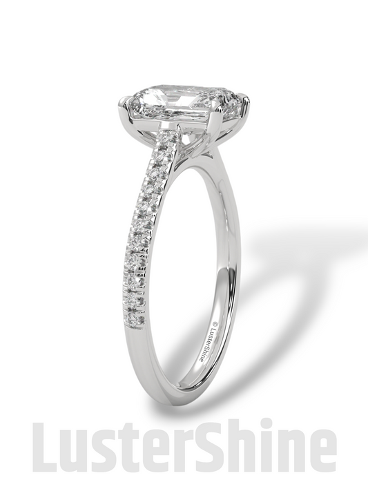 2 Carat Emerald Cut Solitaire Engagement Ring with Diamond Band – 2 Carat Moissanite Diamond Ring – Emerald-Cut Hidden Halo Ring – 14K Ring