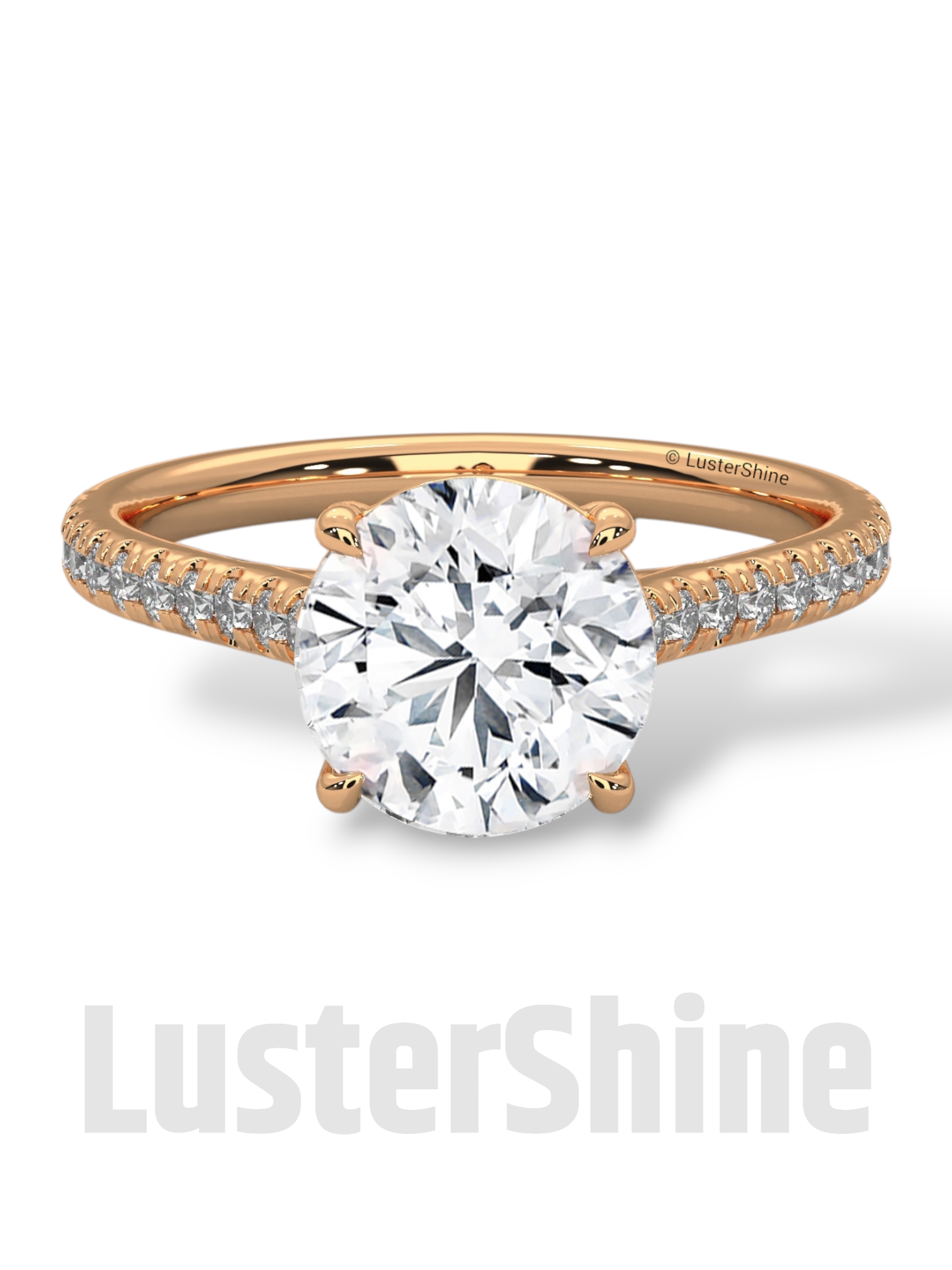 Round Solitaire Engagement Ring Pave Band  –  8mm Diamond Moissanite 10K 14K Gold Cathedral Setting Classic Proposal Ring for Her – Gift her