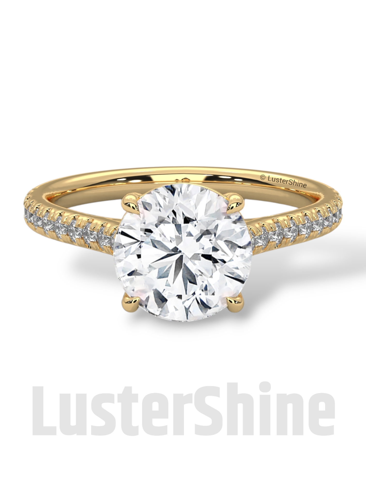 Round Solitaire Engagement Ring Pave Band  –  8mm Diamond Moissanite 10K 14K Gold Cathedral Setting Classic Proposal Ring for Her – Gift her