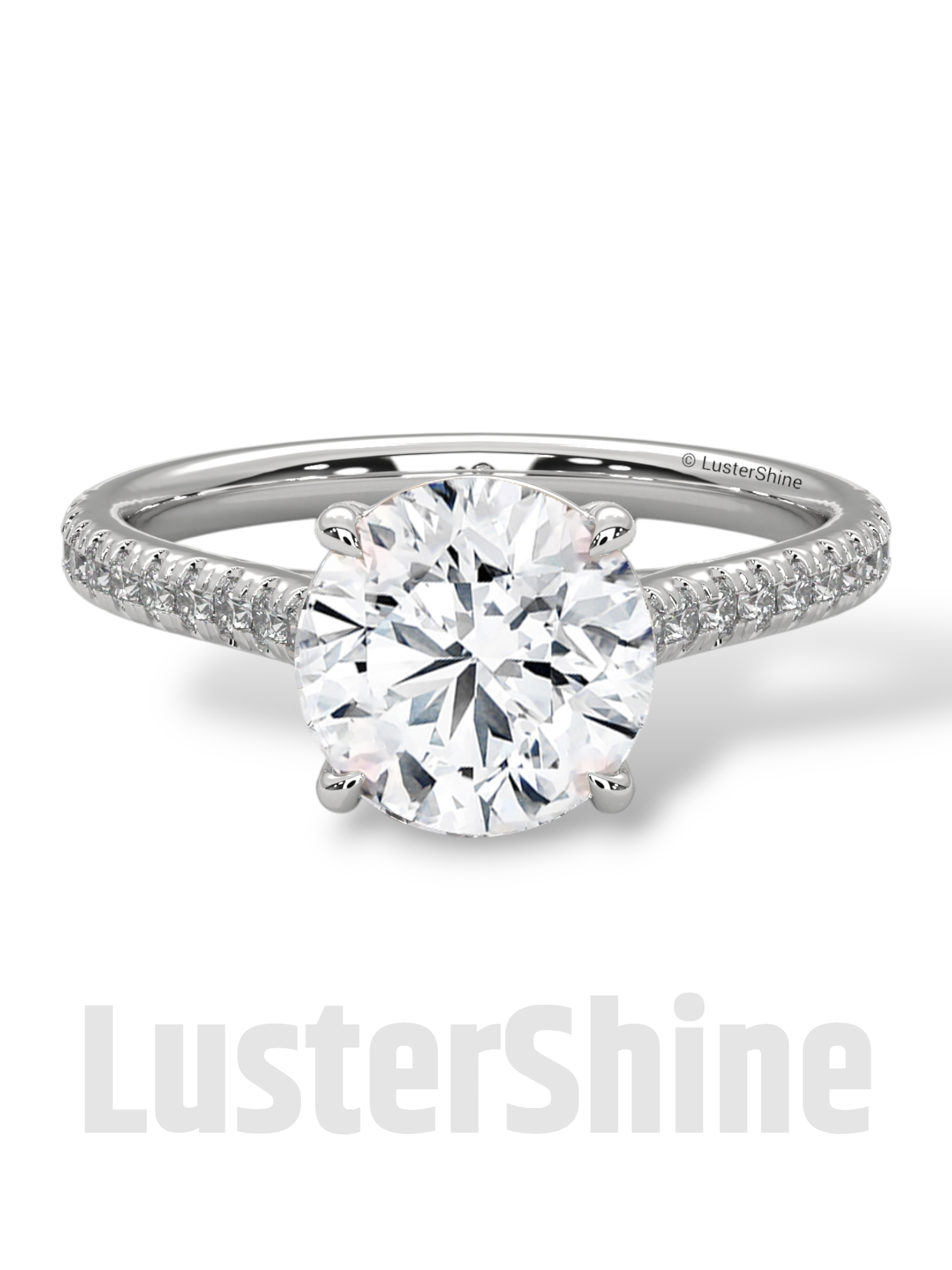 Round Solitaire Engagement Ring Pave Band  –  8mm Diamond Moissanite 10K 14K Gold Cathedral Setting Classic Proposal Ring for Her – Gift her