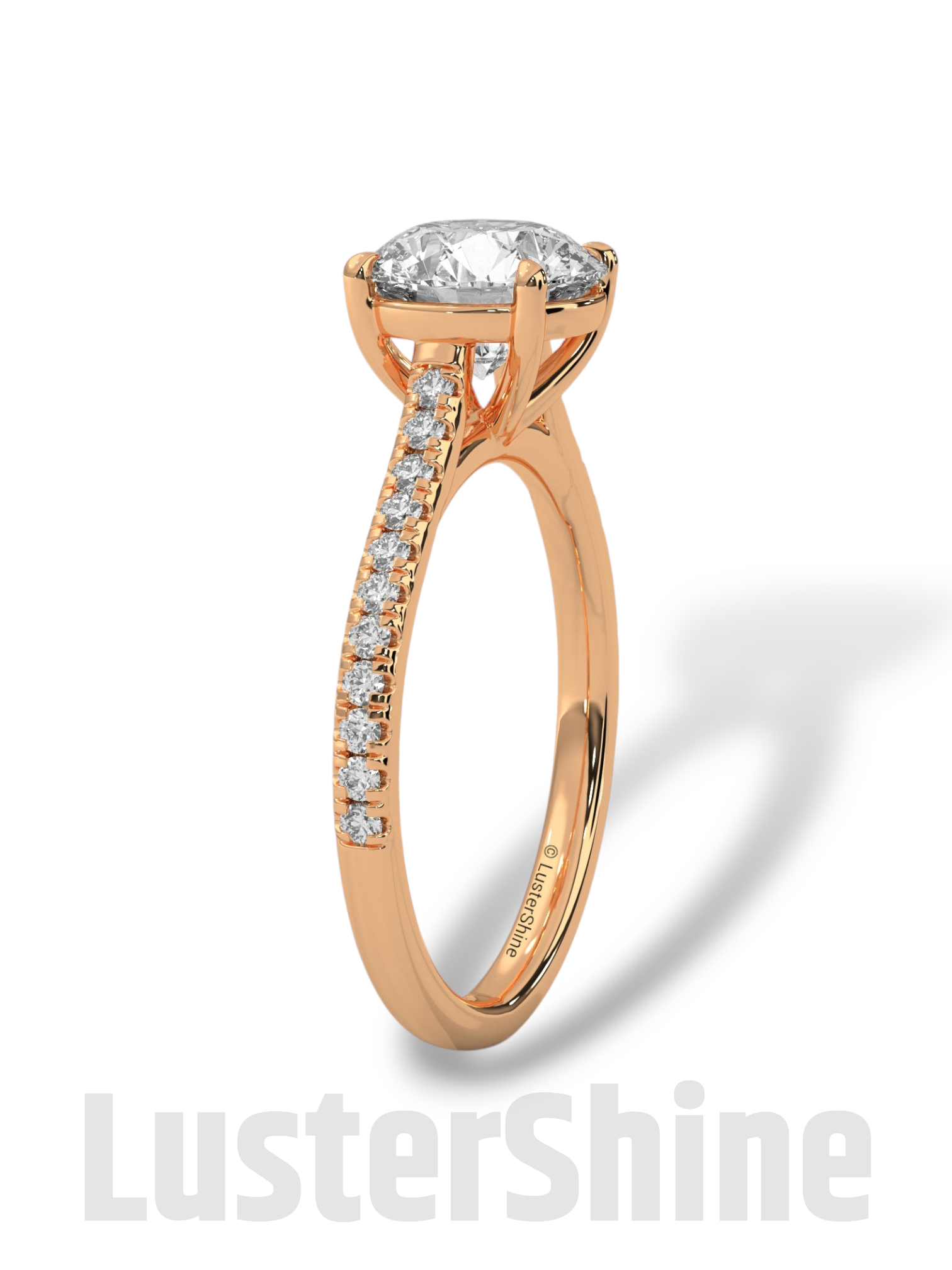 Round Solitaire Engagement Ring Pave Band  –  8mm Diamond Moissanite 10K 14K Gold Cathedral Setting Classic Proposal Ring for Her – Gift her