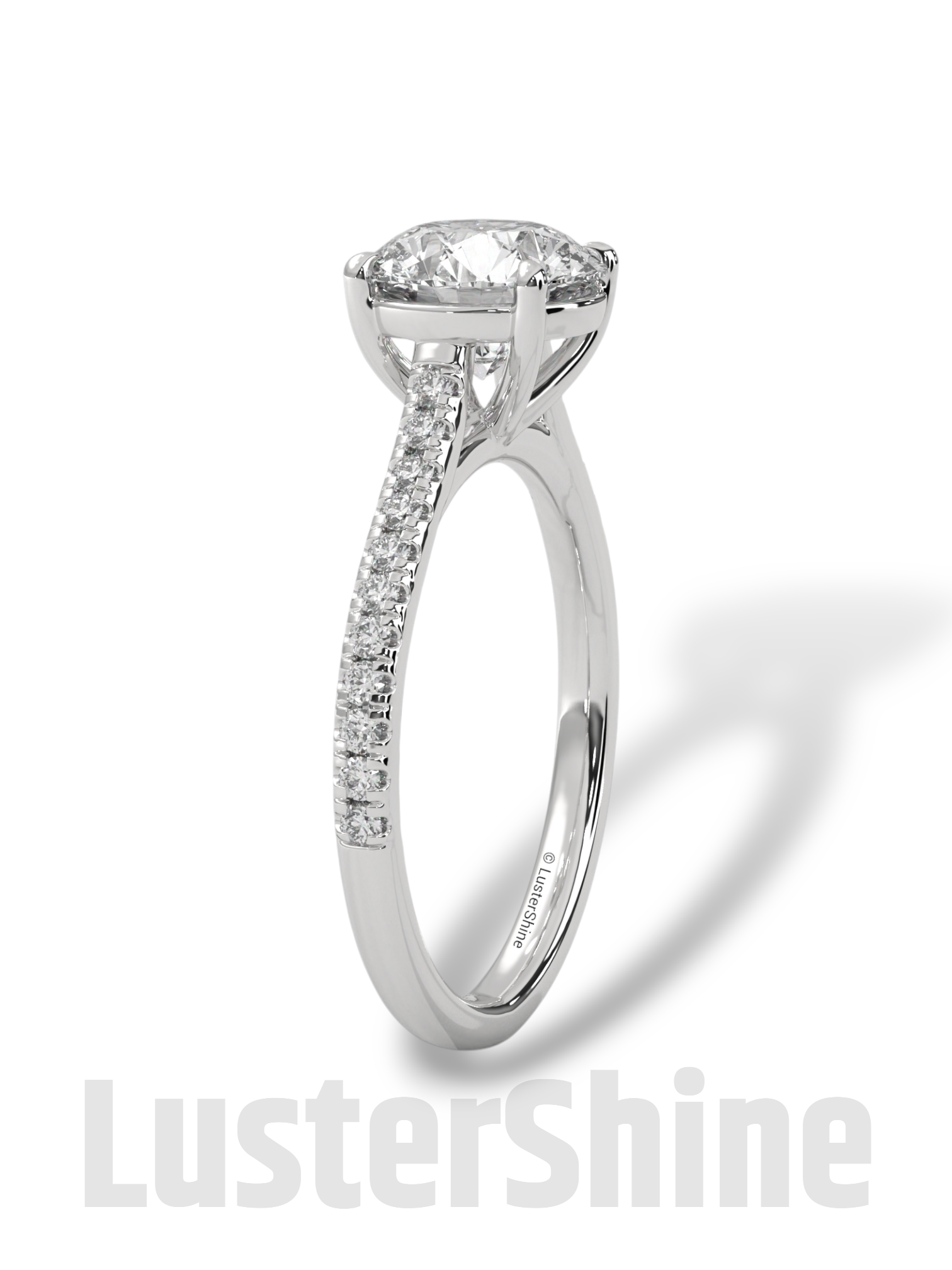 Round Solitaire Engagement Ring Pave Band  –  8mm Diamond Moissanite 10K 14K Gold Cathedral Setting Classic Proposal Ring for Her – Gift her