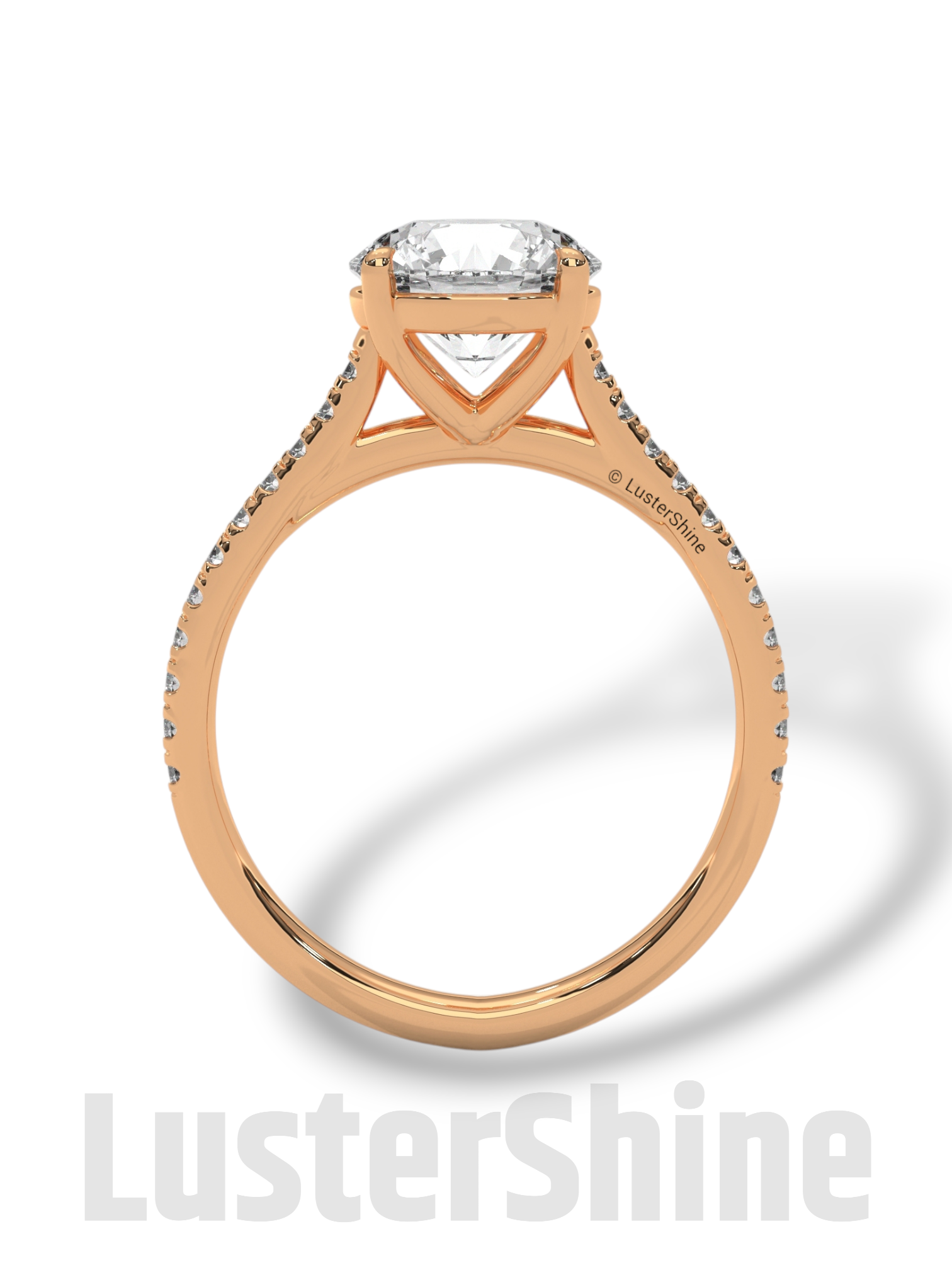 Round Solitaire Engagement Ring Pave Band  –  8mm Diamond Moissanite 10K 14K Gold Cathedral Setting Classic Proposal Ring for Her – Gift her