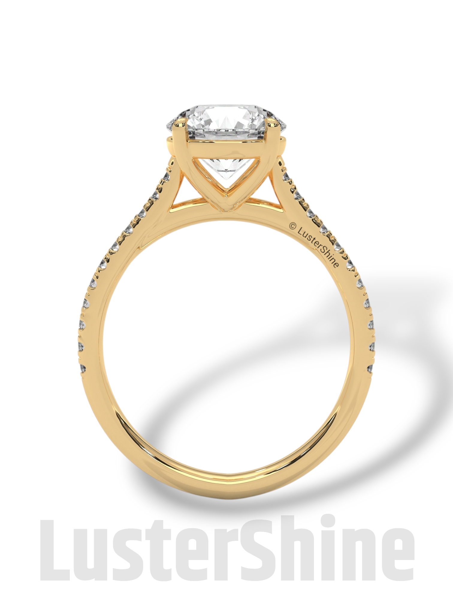 Round Solitaire Engagement Ring Pave Band  –  8mm Diamond Moissanite 10K 14K Gold Cathedral Setting Classic Proposal Ring for Her – Gift her