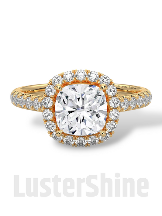 Cushion Halo Diamond Engagement Ring – Dazzling Cushion Cut Bridal Ring – Pave Band – Custom Gold Jewelry – Micro Pave Cushion Cut Ring Gift