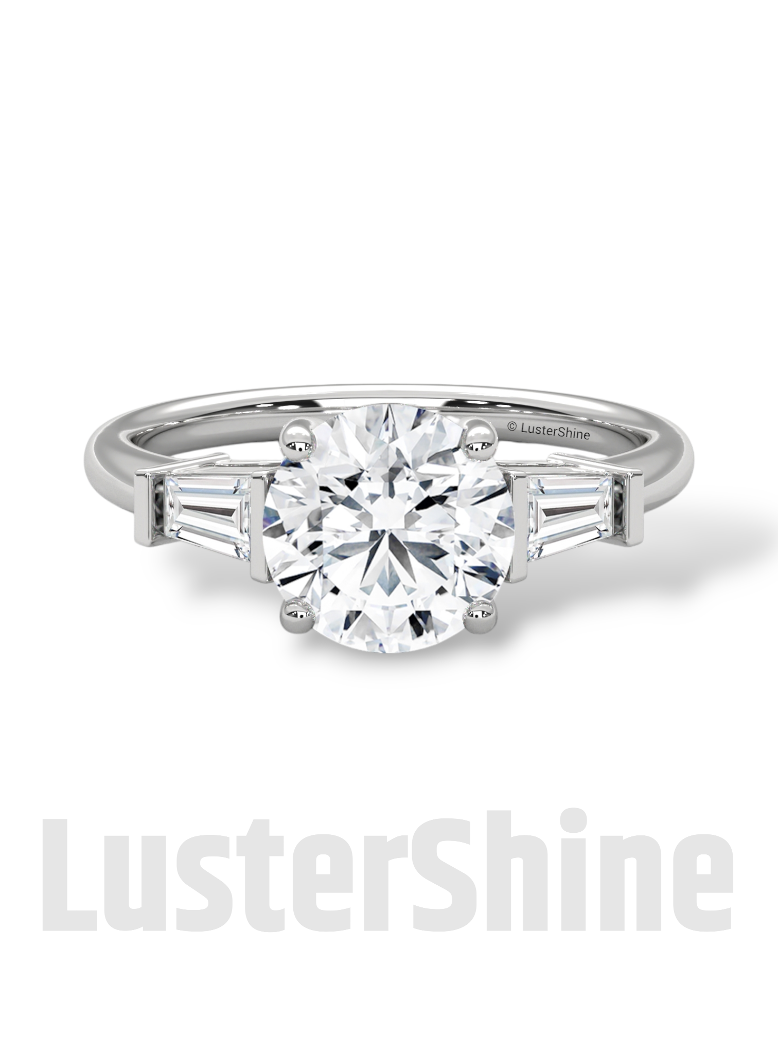 Round Solitaire Ring with Tapered Baguette Diamonds – Handmade 3-Stone Engagement Ring – White, Yellow, or Rose Gold Ring – LusterShine Gift