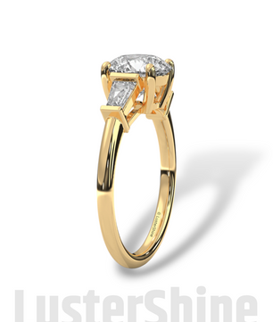 Round Solitaire Ring with Tapered Baguette Diamonds – Handmade 3-Stone Engagement Ring – White, Yellow, or Rose Gold Ring – LusterShine Gift