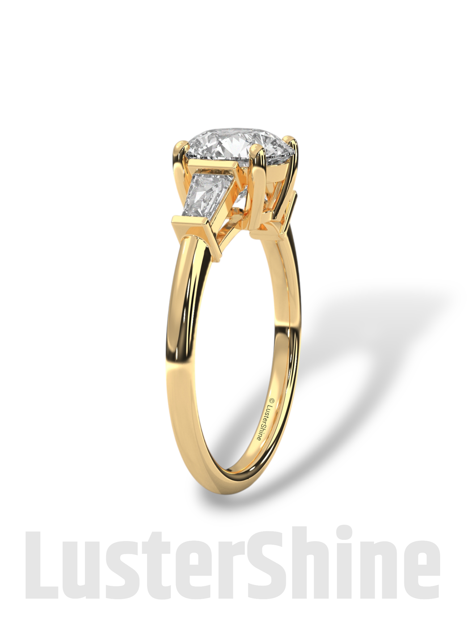Round Solitaire Ring with Tapered Baguette Diamonds – Handmade 3-Stone Engagement Ring – White, Yellow, or Rose Gold Ring – LusterShine Gift