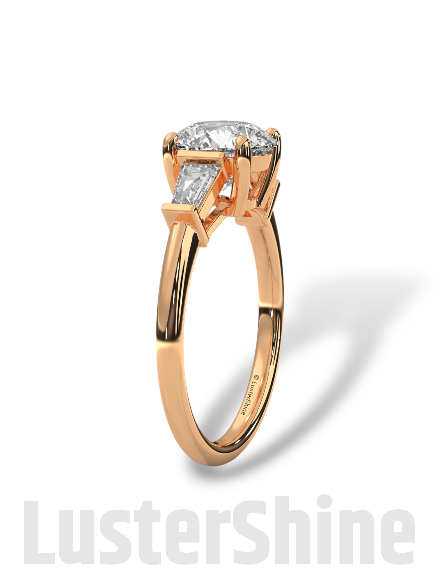 Round Solitaire Ring with Tapered Baguette Diamonds – Handmade 3-Stone Engagement Ring – White, Yellow, or Rose Gold Ring – LusterShine Gift