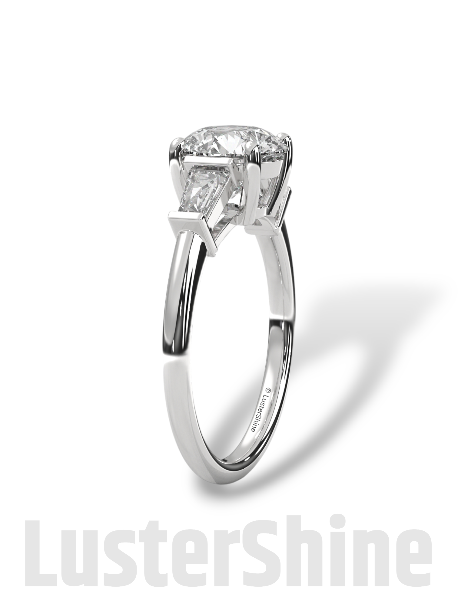 Round Solitaire Ring with Tapered Baguette Diamonds – Handmade 3-Stone Engagement Ring – White, Yellow, or Rose Gold Ring – LusterShine Gift