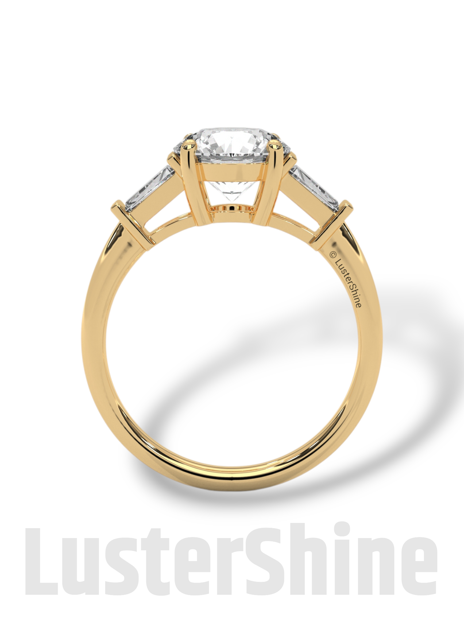 Round Solitaire Ring with Tapered Baguette Diamonds – Handmade 3-Stone Engagement Ring – White, Yellow, or Rose Gold Ring – LusterShine Gift
