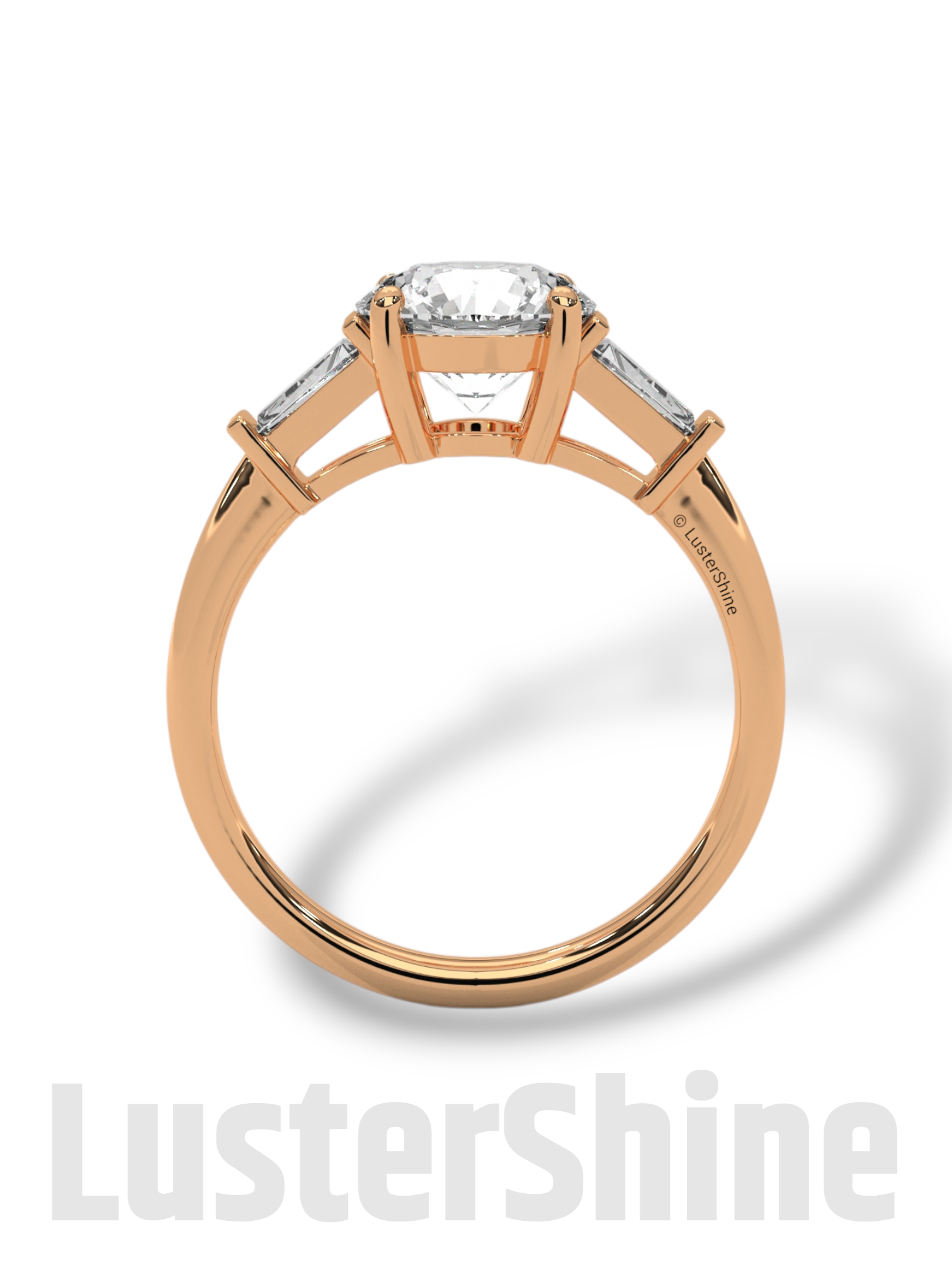 Round Solitaire Ring with Tapered Baguette Diamonds – Handmade 3-Stone Engagement Ring – White, Yellow, or Rose Gold Ring – LusterShine Gift