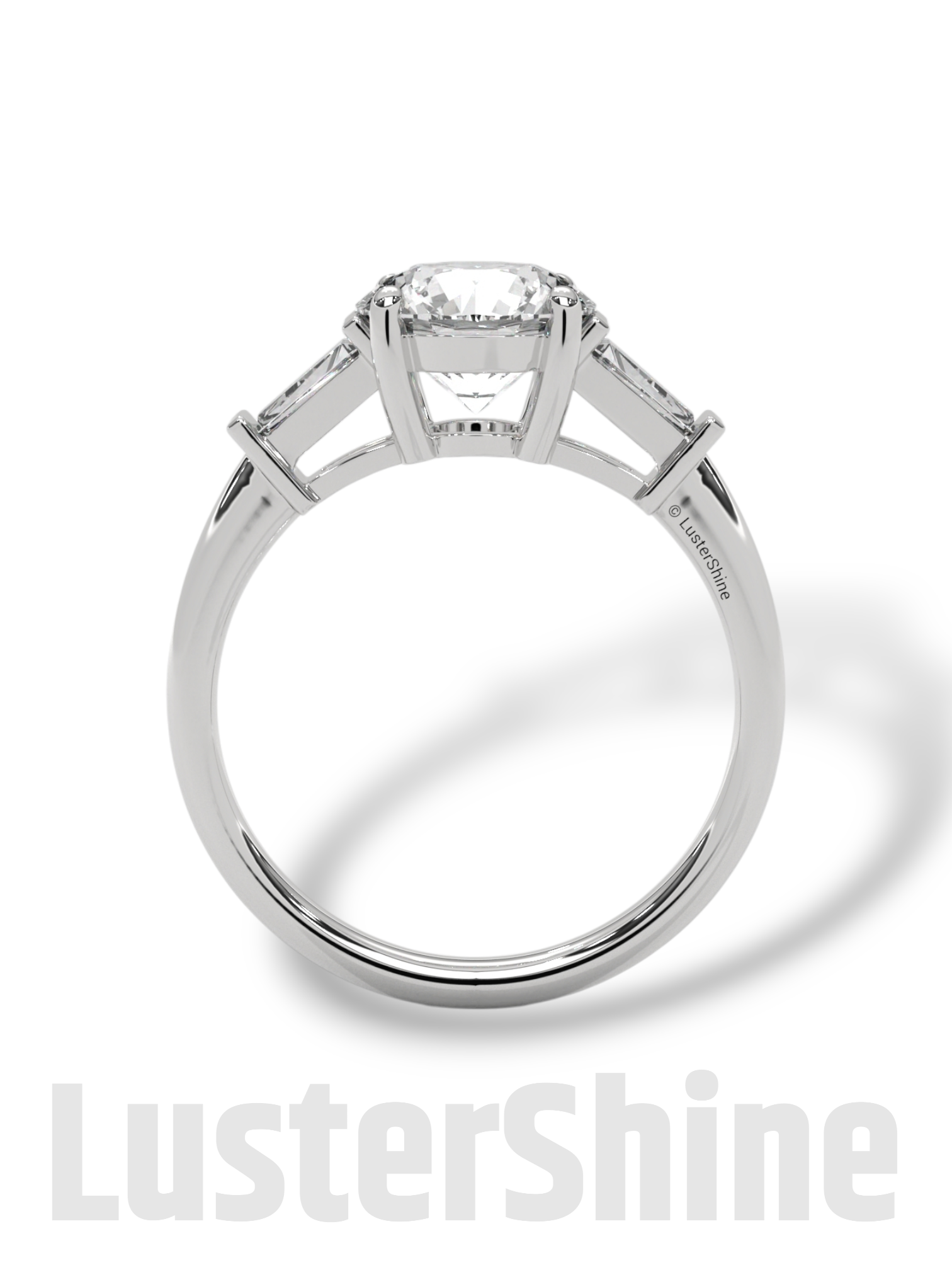 Round Solitaire Ring with Tapered Baguette Diamonds – Handmade 3-Stone Engagement Ring – White, Yellow, or Rose Gold Ring – LusterShine Gift