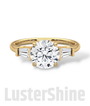 Round Solitaire Ring with Tapered Baguette Diamonds – Handmade 3-Stone Engagement Ring – White, Yellow, or Rose Gold Ring – LusterShine Gift