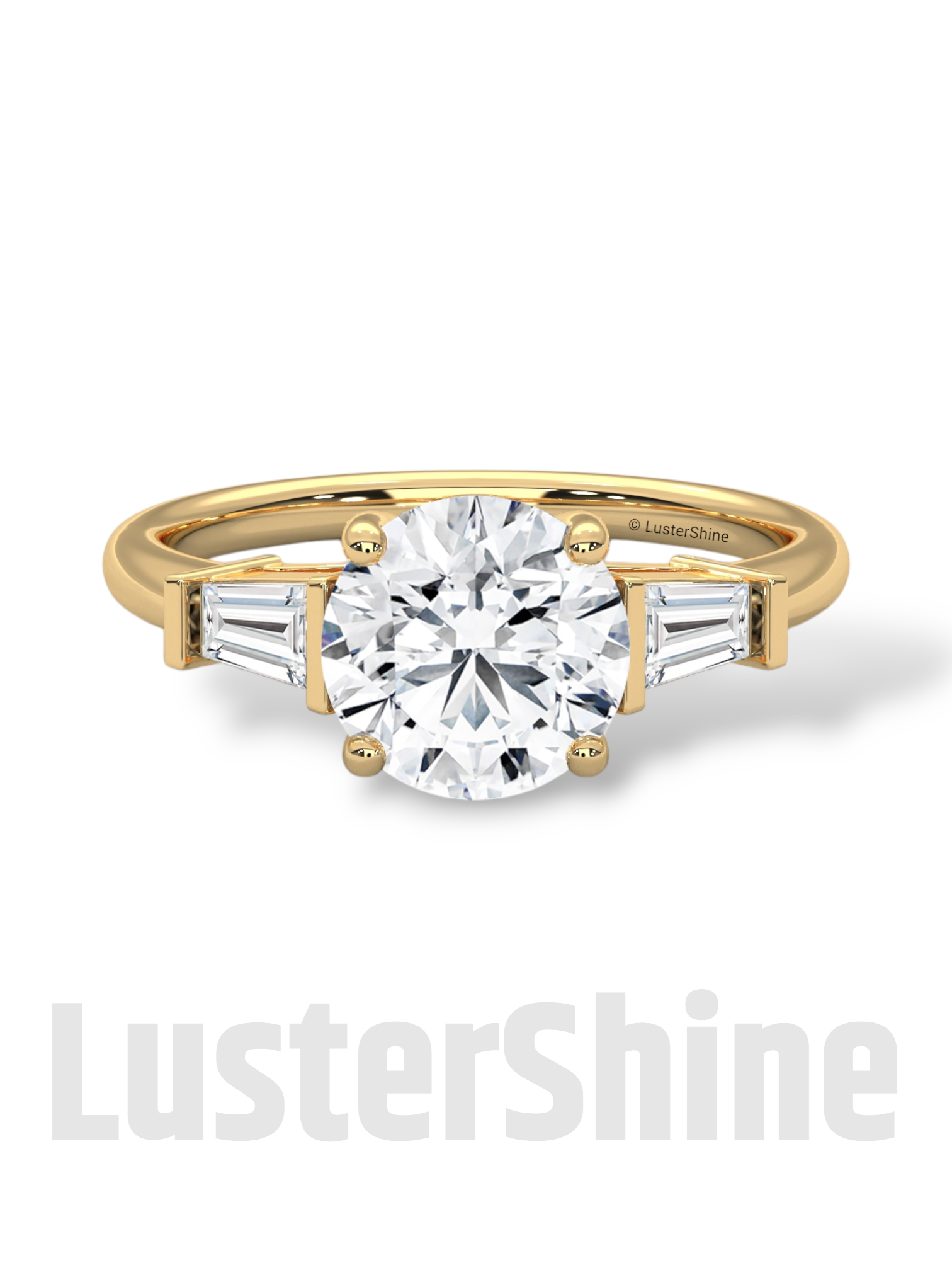 Round Solitaire Ring with Tapered Baguette Diamonds – Handmade 3-Stone Engagement Ring – White, Yellow, or Rose Gold Ring – LusterShine Gift
