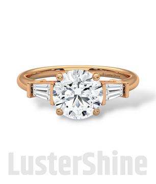Round Solitaire Ring with Tapered Baguette Diamonds – Handmade 3-Stone Engagement Ring – White, Yellow, or Rose Gold Ring – LusterShine Gift