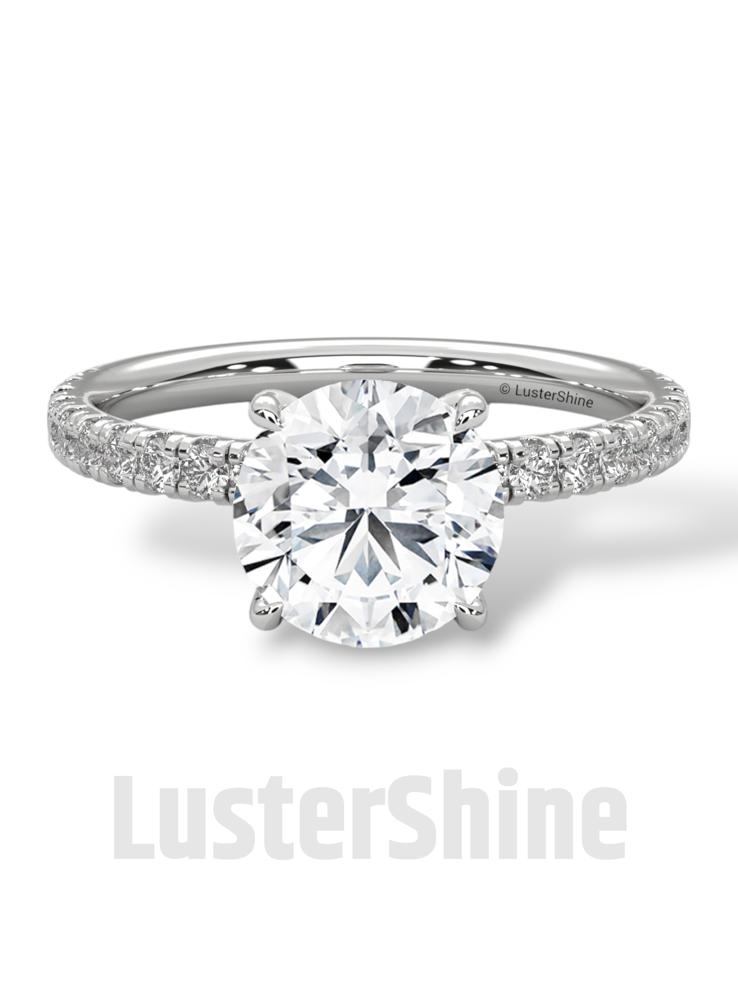 8mm Round Solitaire Diamond Ring – Pave Set Band in Solid Gold Ring – Stunning Classic Engagement Ring Luxurious Gold Setting