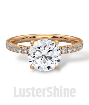8mm Round Solitaire Diamond Ring – Pave Set Band in Solid Gold Ring – Stunning Classic Engagement Ring Luxurious Gold Setting