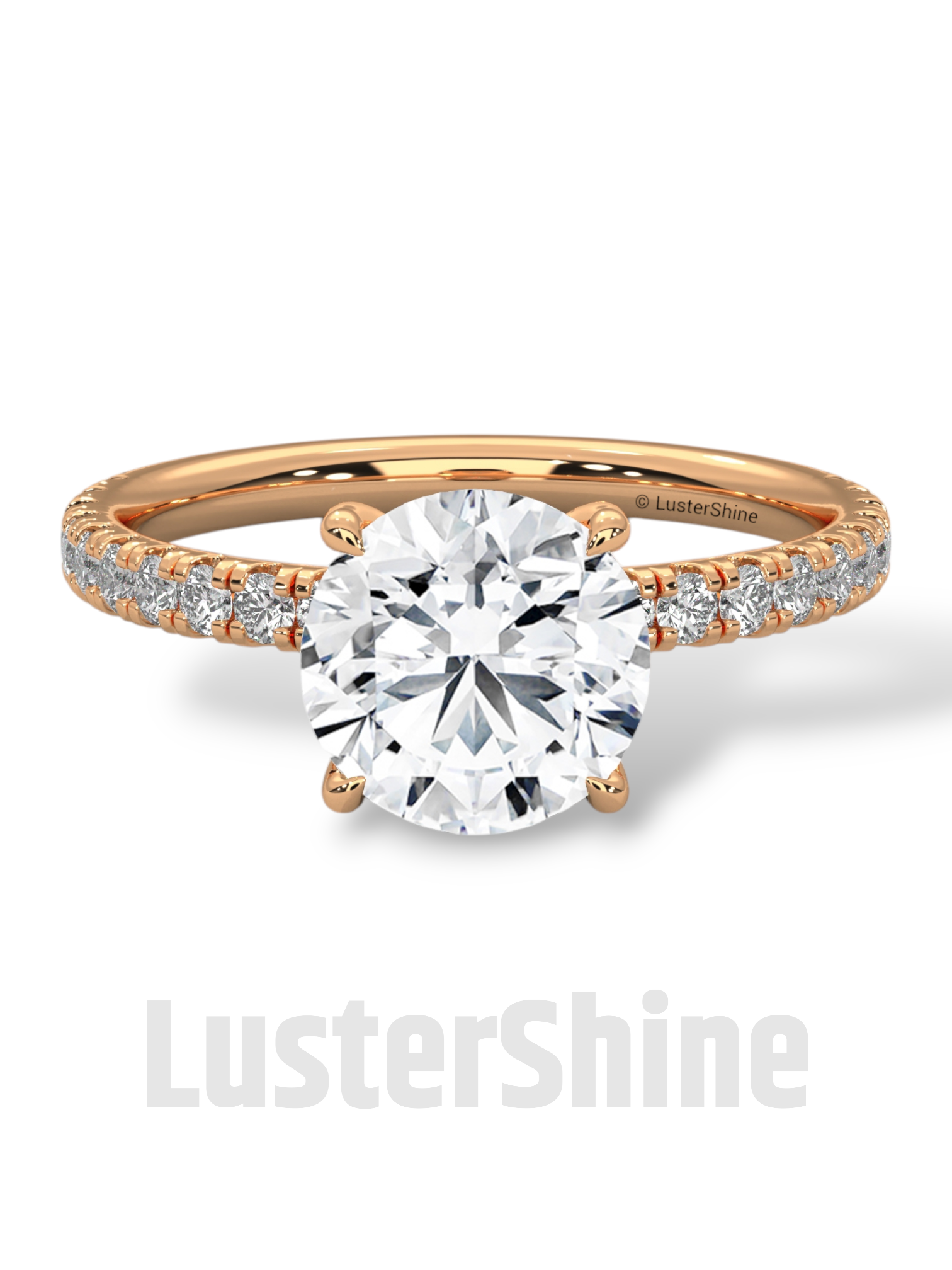 8mm Round Solitaire Diamond Ring – Pave Set Band in Solid Gold Ring – Stunning Classic Engagement Ring Luxurious Gold Setting