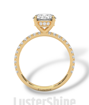 8mm Round Solitaire Diamond Ring – Pave Set Band in Solid Gold Ring – Stunning Classic Engagement Ring Luxurious Gold Setting