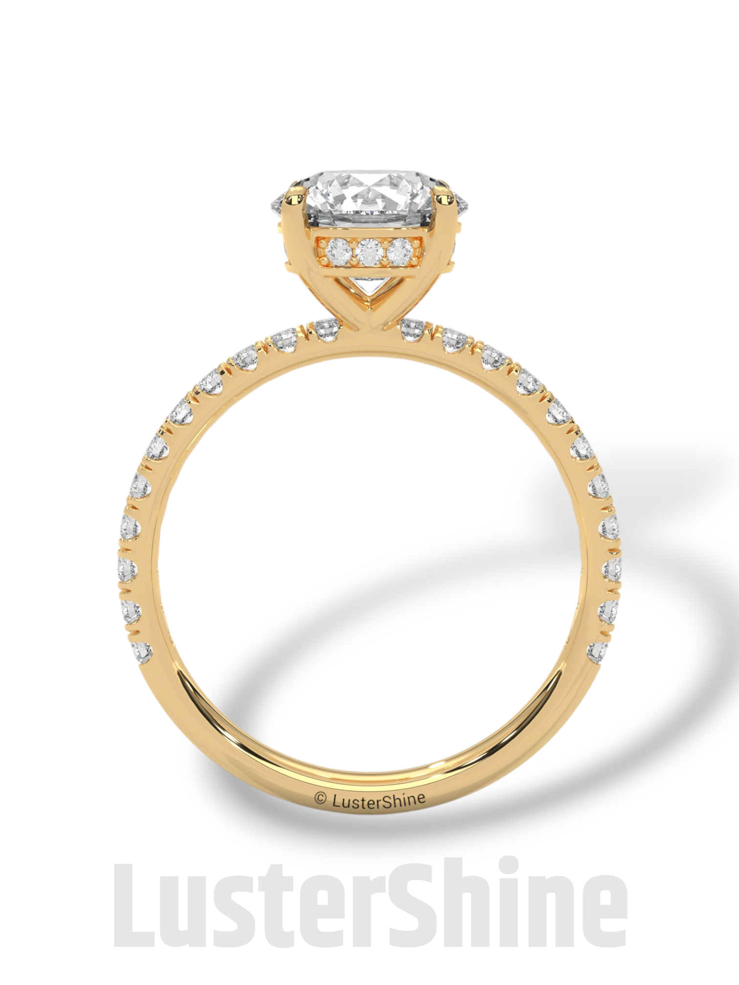 8mm Round Solitaire Diamond Ring – Pave Set Band in Solid Gold Ring – Stunning Classic Engagement Ring Luxurious Gold Setting