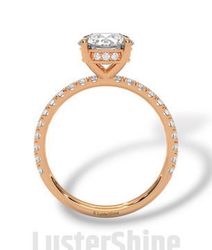 8mm Round Solitaire Diamond Ring – Pave Set Band in Solid Gold Ring – Stunning Classic Engagement Ring Luxurious Gold Setting