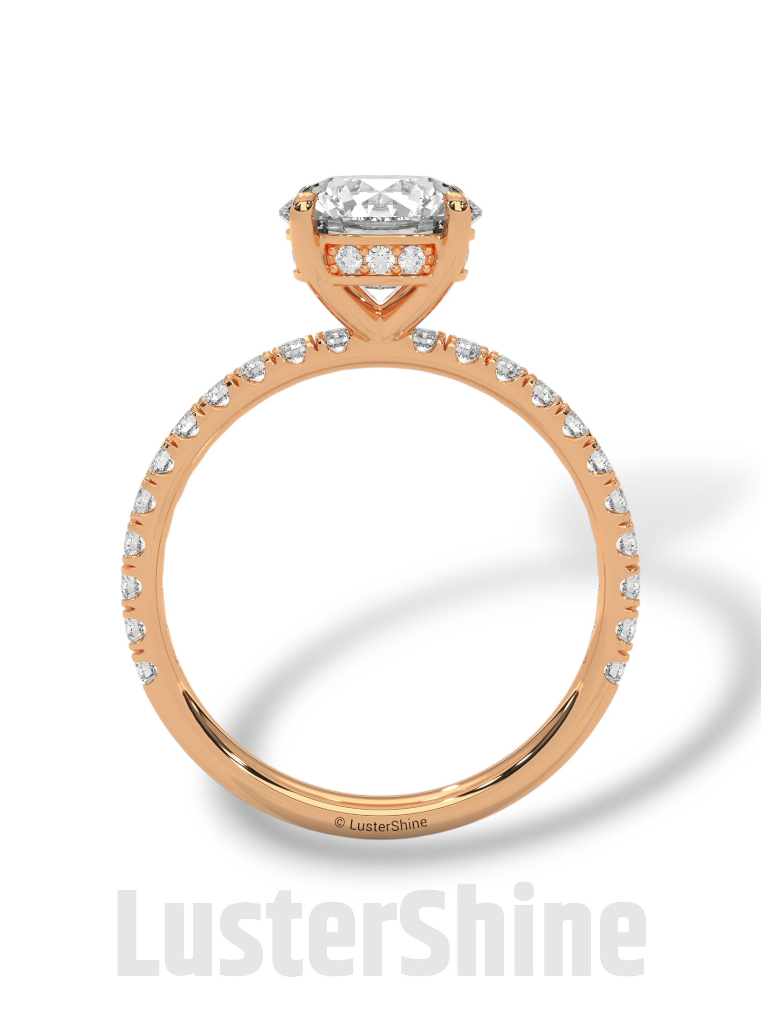 8mm Round Solitaire Diamond Ring – Pave Set Band in Solid Gold Ring – Stunning Classic Engagement Ring Luxurious Gold Setting