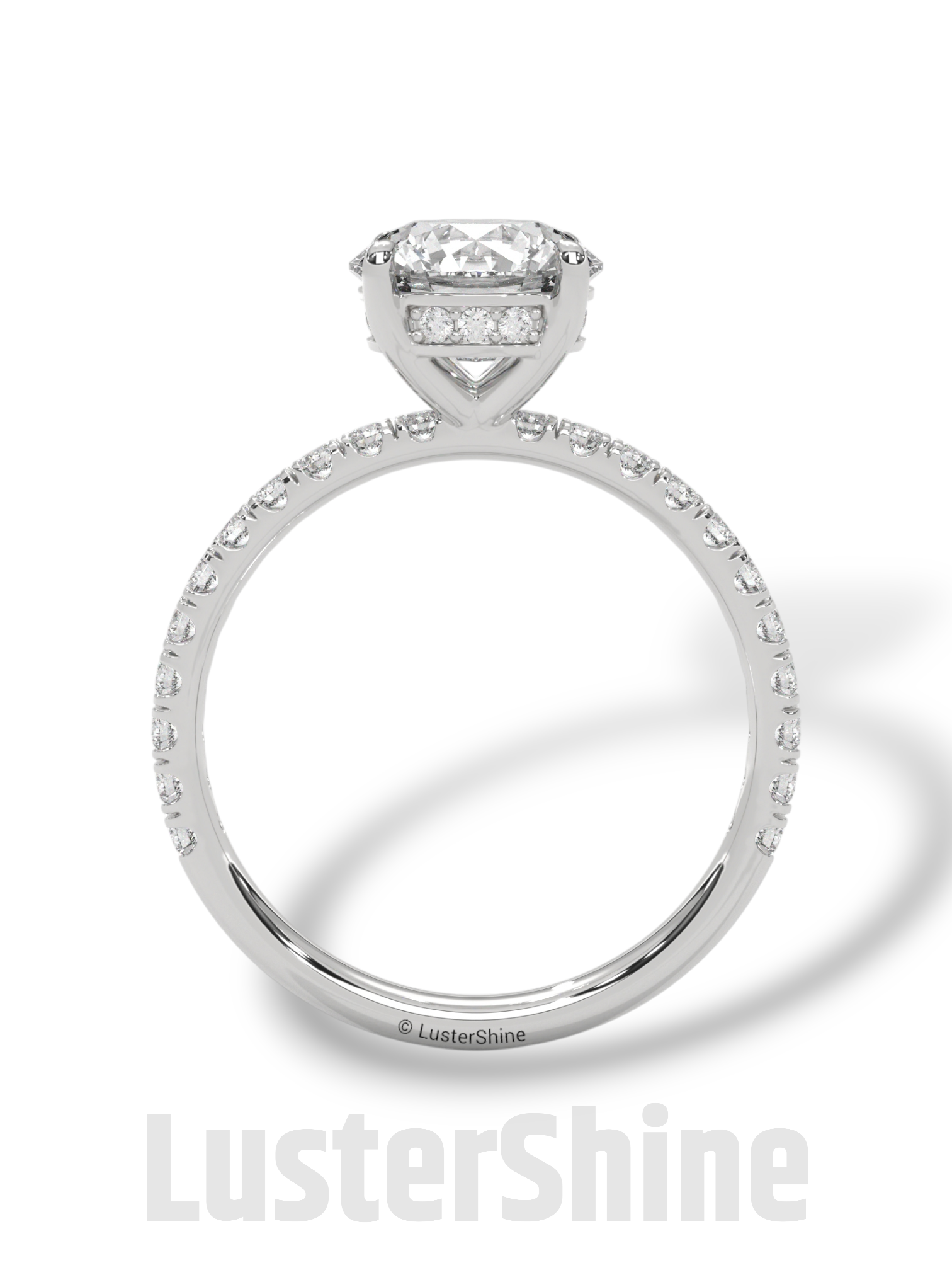 8mm Round Solitaire Diamond Ring – Pave Set Band in Solid Gold Ring – Stunning Classic Engagement Ring Luxurious Gold Setting