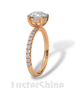 8mm Round Solitaire Diamond Ring – Pave Set Band in Solid Gold Ring – Stunning Classic Engagement Ring Luxurious Gold Setting
