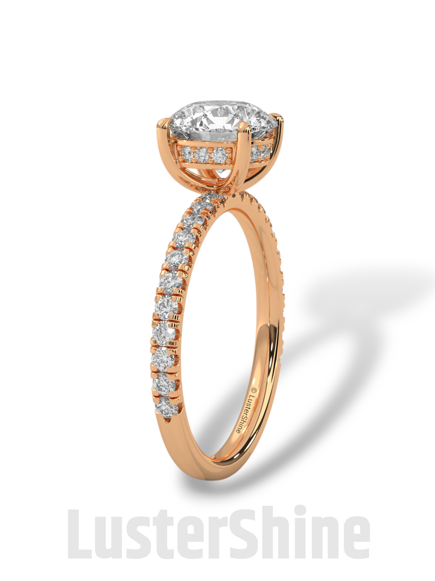 8mm Round Solitaire Diamond Ring – Pave Set Band in Solid Gold Ring – Stunning Classic Engagement Ring Luxurious Gold Setting