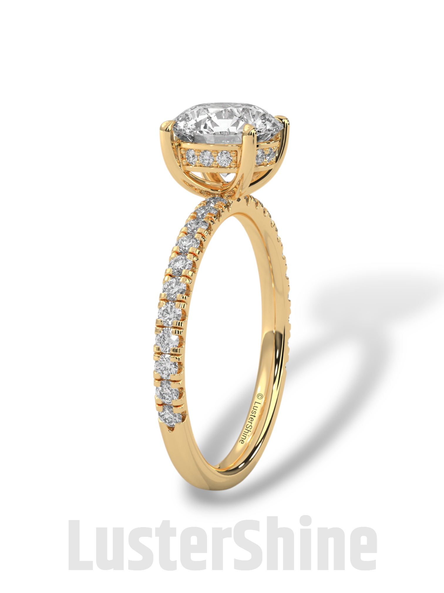8mm Round Solitaire Diamond Ring – Pave Set Band in Solid Gold Ring – Stunning Classic Engagement Ring Luxurious Gold Setting