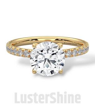 8mm Round Solitaire Diamond Ring – Pave Set Band in Solid Gold Ring – Stunning Classic Engagement Ring Luxurious Gold Setting
