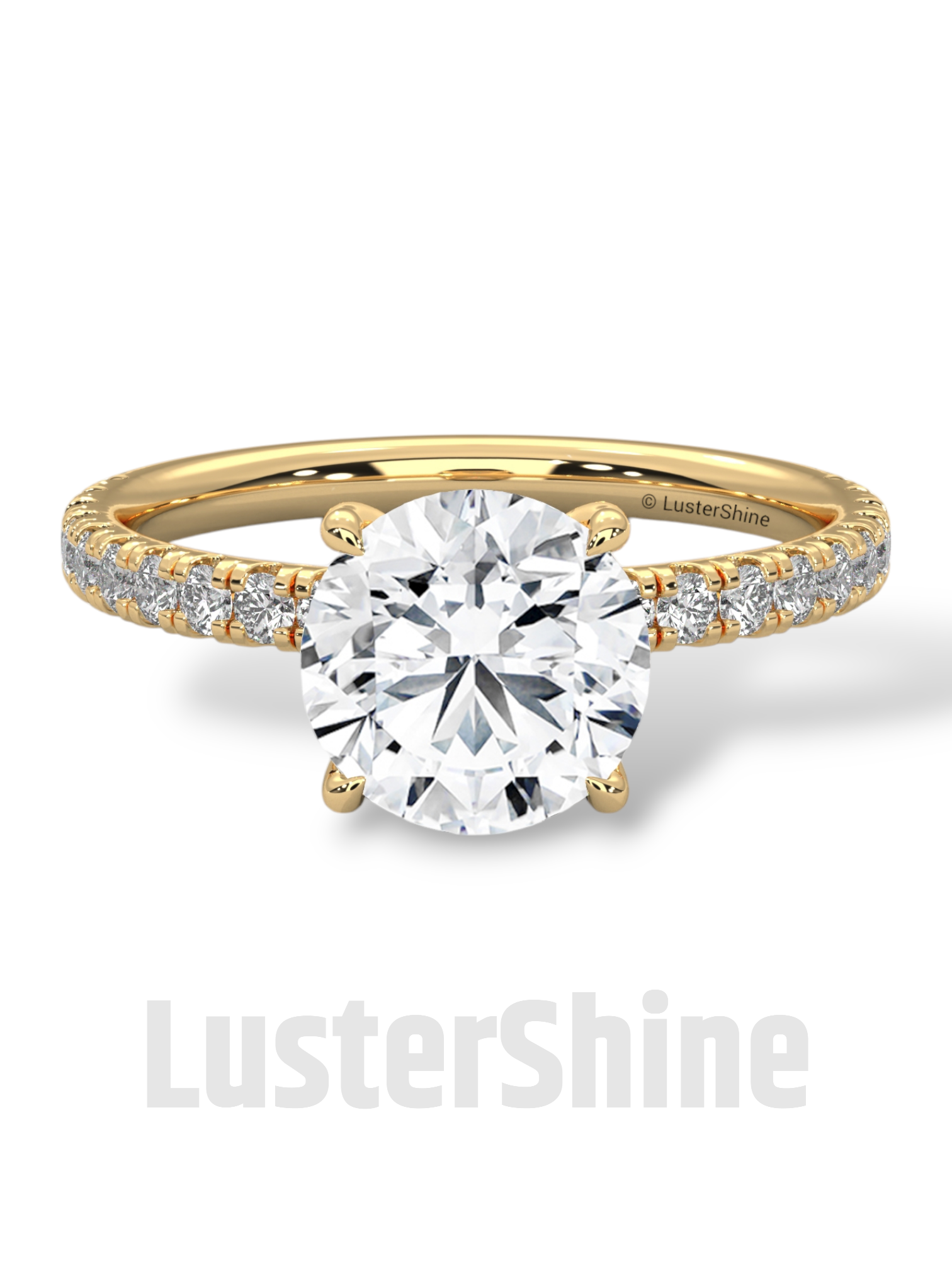 8mm Round Solitaire Diamond Ring – Pave Set Band in Solid Gold Ring – Stunning Classic Engagement Ring Luxurious Gold Setting