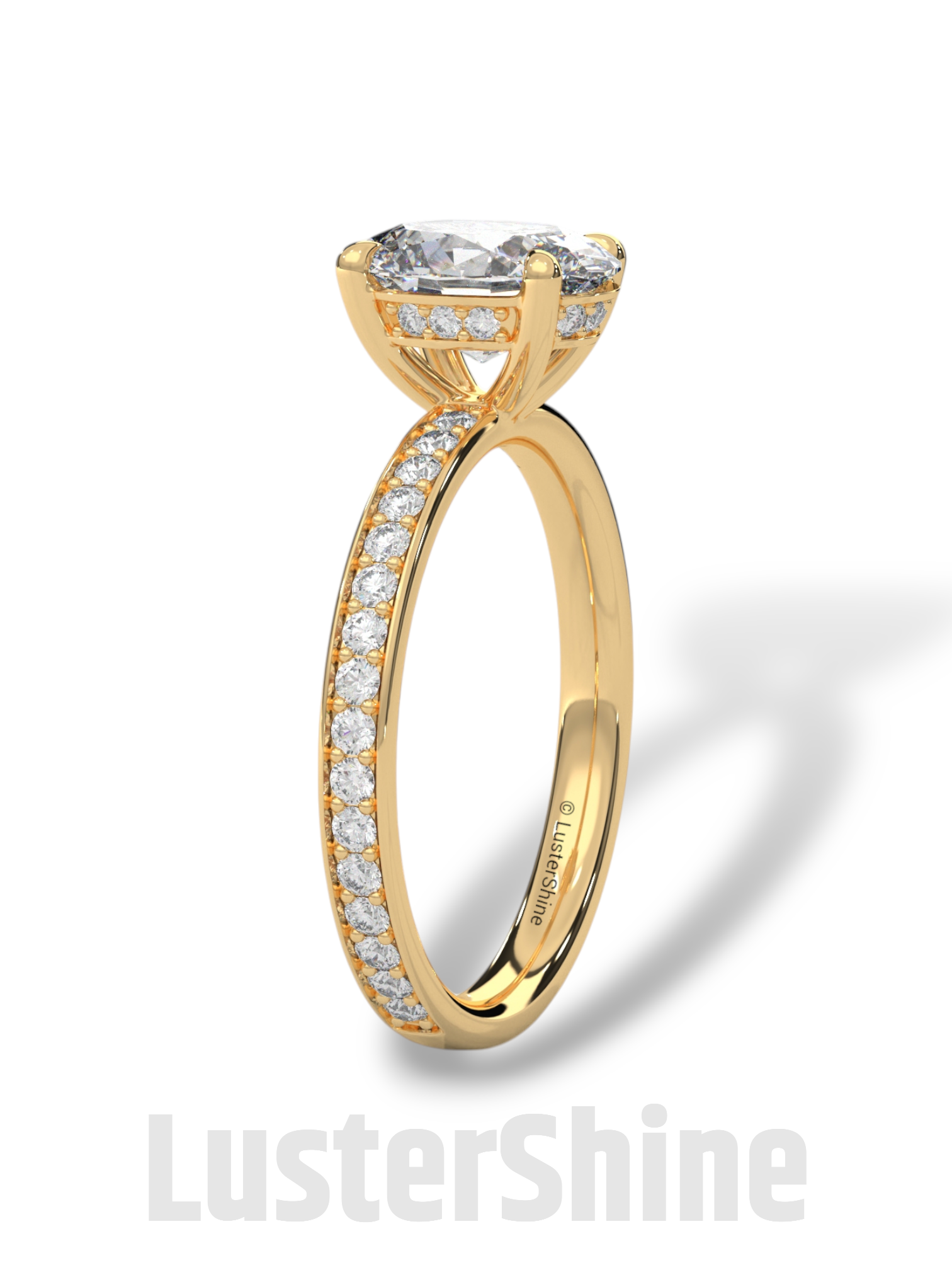 Oval Brilliant Diamond Solitaire Ring – Hidden Halo & Pave Band for Radiant Elegance – Custom Gold Ring – Handcrafted Gift by LusterShine