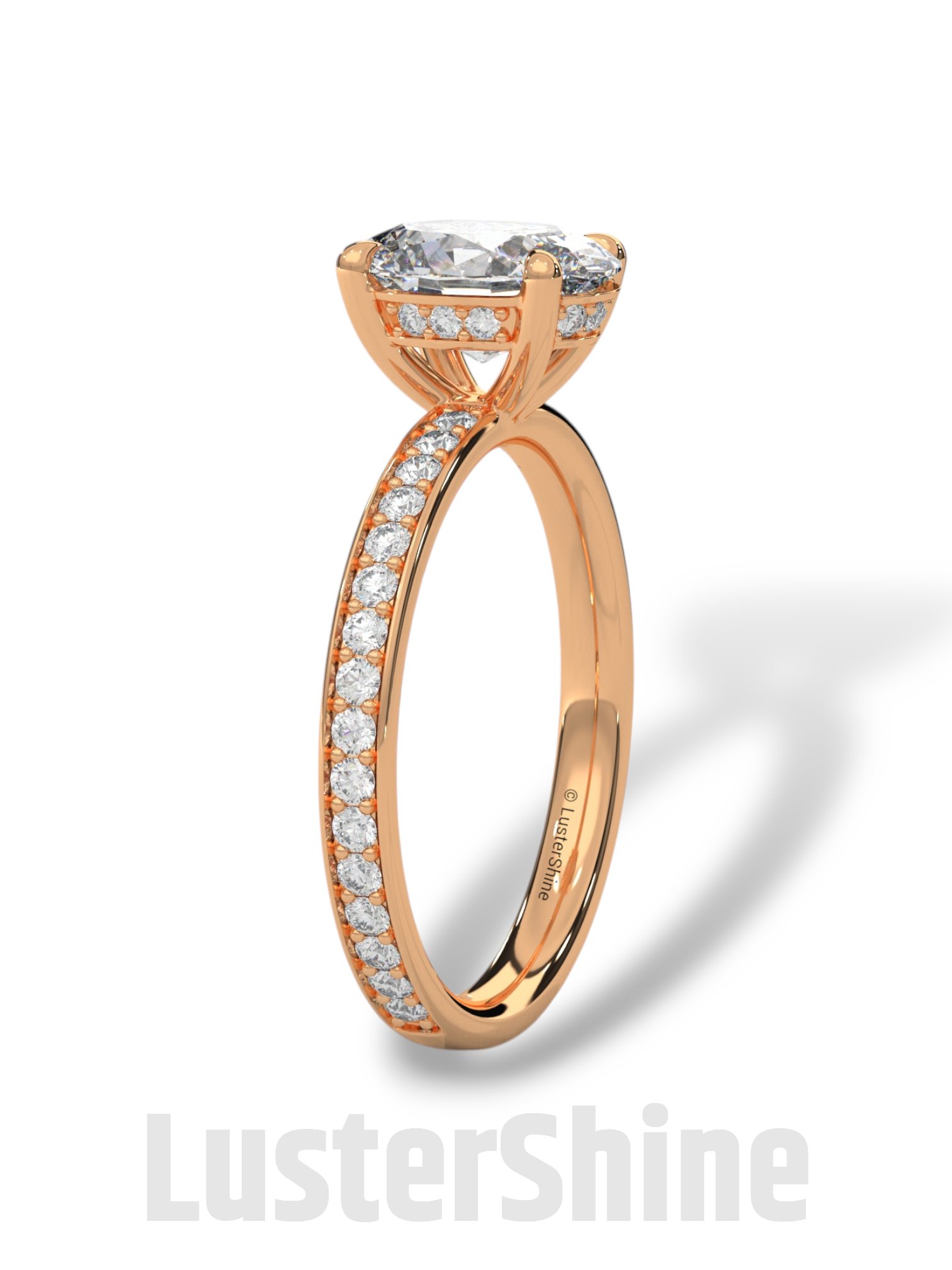 Oval Brilliant Diamond Solitaire Ring – Hidden Halo & Pave Band for Radiant Elegance – Custom Gold Ring – Handcrafted Gift by LusterShine
