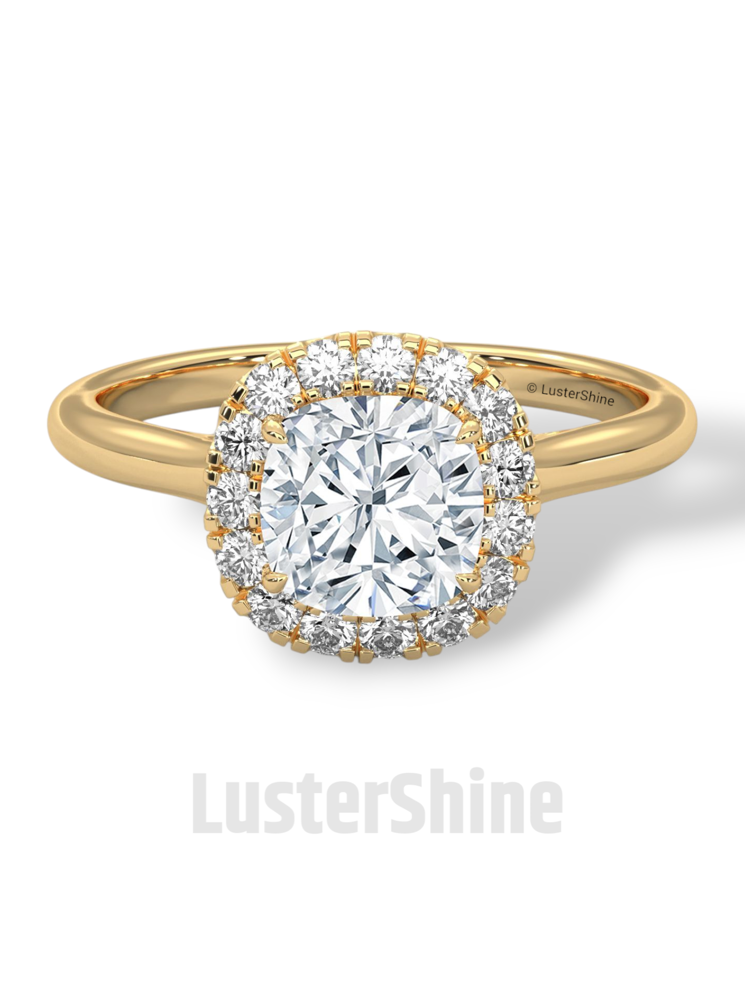 Cushion Halo Engagement Ring – Round Diamond Ring in 14K or 18K Yellow Gold – Elegant Dainty Gold Ring – LusterShine – Delicate Bridal Rings