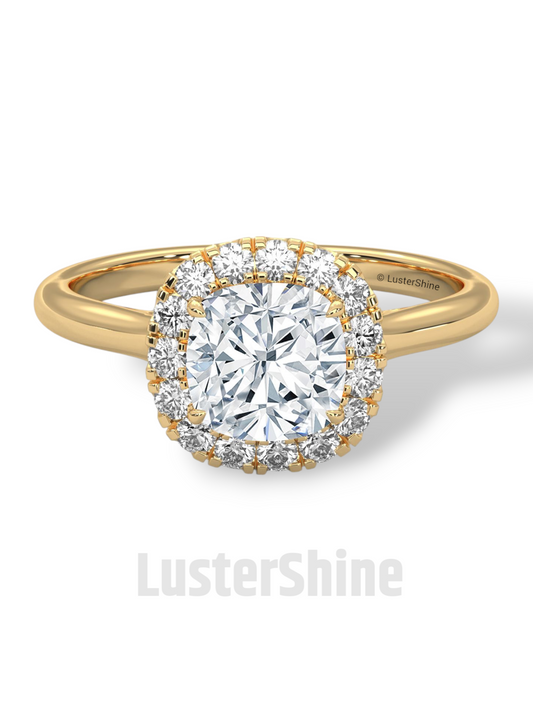 Cushion Halo Engagement Ring – Round Diamond Ring in 14K or 18K Yellow Gold – Elegant Dainty Gold Ring – LusterShine – Delicate Bridal Rings