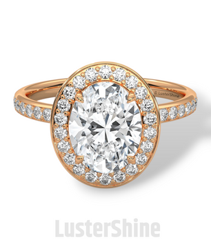 Oval Engagement Ring – Diamond Halo with Pave Band in 14K or 18K Rose Gold – 9x7mm Oval Center – Rose Gold Diamond Pave Band