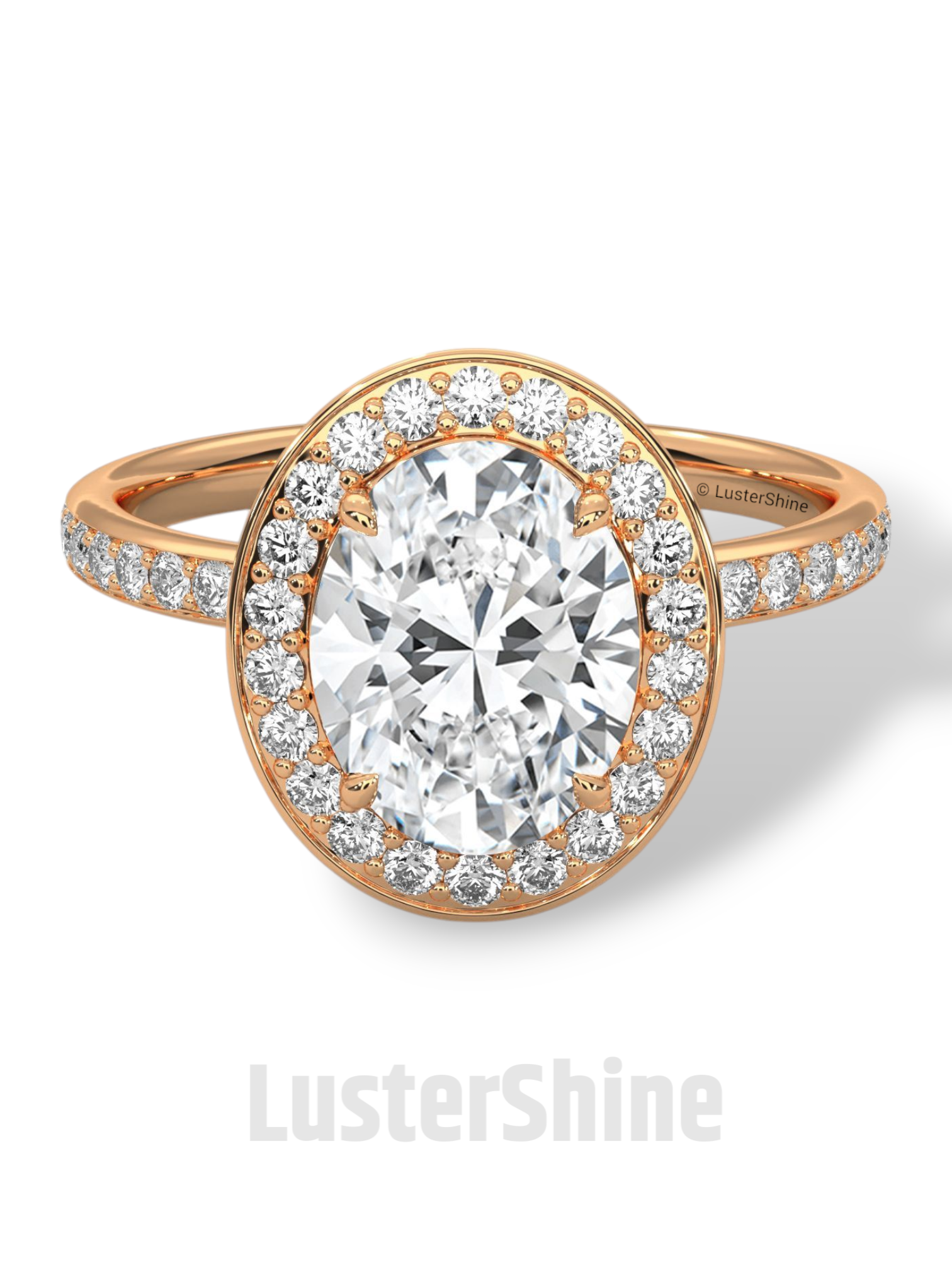 Oval Engagement Ring – Diamond Halo with Pave Band in 14K or 18K Rose Gold – 9x7mm Oval Center – Rose Gold Diamond Pave Band